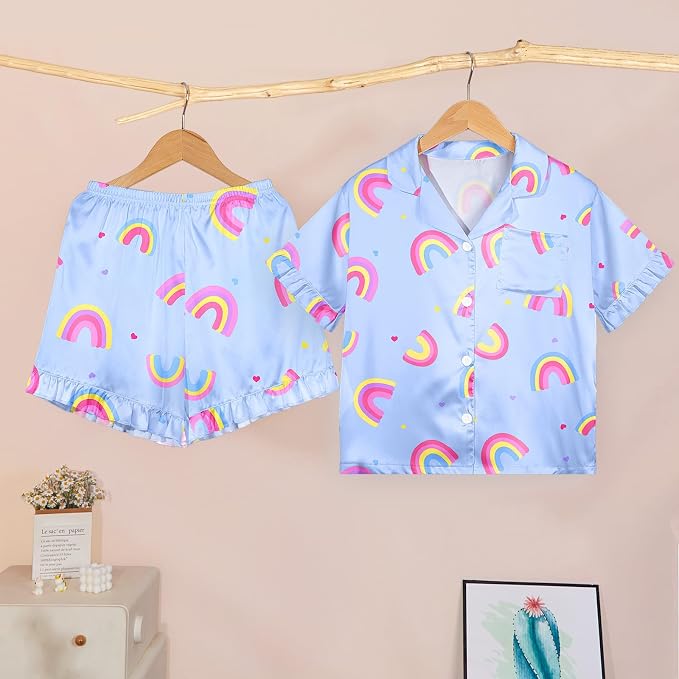 ICOSY Matching Doll & Girls Silk Pajamas Satin Pjs for Girls Button-Down Top and Shorts for 18" Doll Girl Clothes