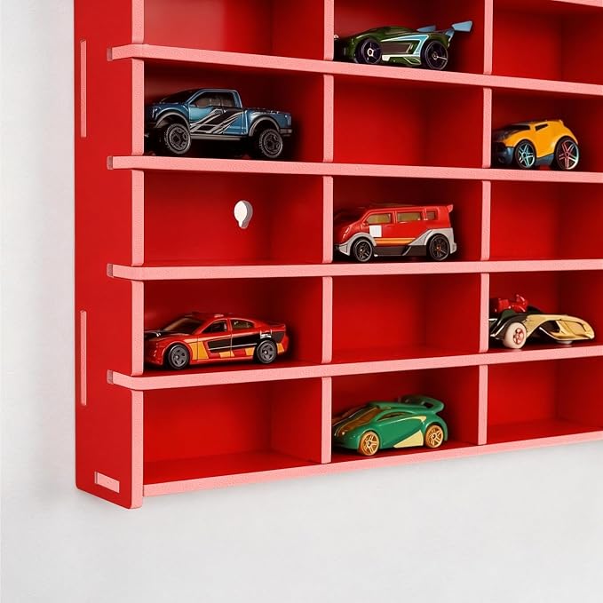 Krafetto Toy Car Display Shelf, Holds 40 Diecast 1/64 Toys Car, Wall Mount Model Cars Storage Organize Case (red 1/64 Toy Car Display Shelf)