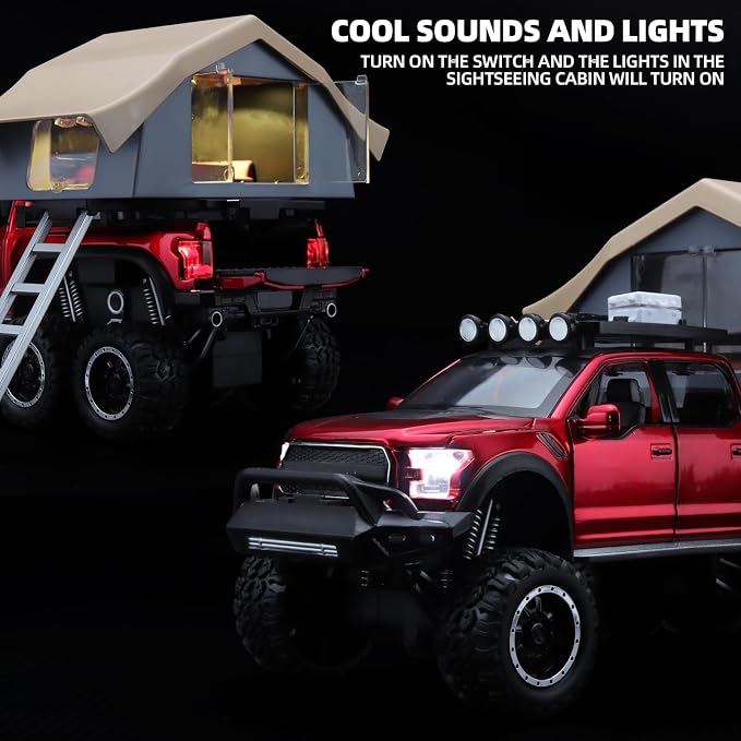 OANMYJJO Toy Trucks for Boys Age 4-7,Trucks for Kids F150 Diecast Truck,Model F150 Pickup Truck with Sightseeing Cabin,Pull Back Cars with Light and Sound,Trucks for Kids Ages 4-8（Red）