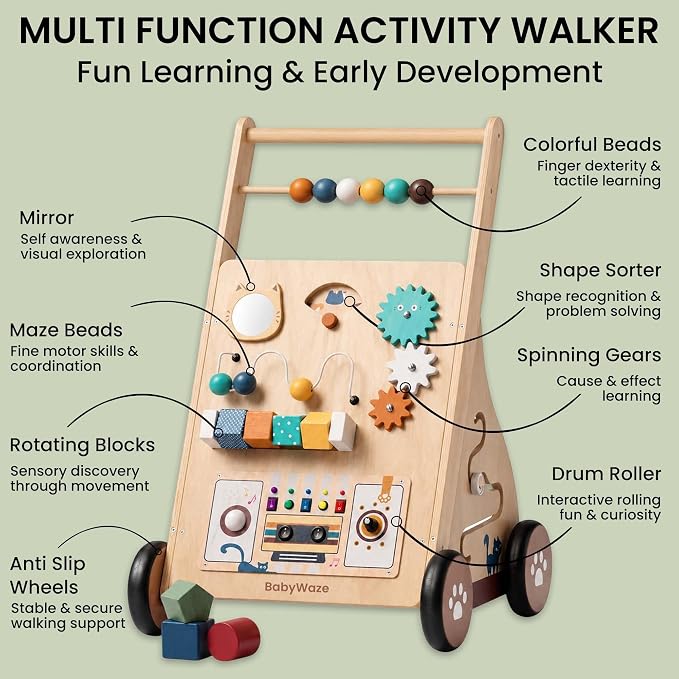 Baby Walker with Wheels - Adjustable Speed Wooden Push Walker for Babies 9-18 Months, 3in1 Montessori Sit to Stand Learning Toy with Musical Board, Shape Sorter & Bead Maze, Boys Girls