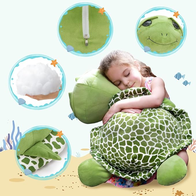 MorisMos Giant Sea Turtle Stuffed Animal Plush Pillow - 31.5" Big Stuffed Turtle Plush Pillow for Kid & Adult, Large Holiday Toy Gift for Marine Lovers, Cuddly Ocean Creature Decor,CE/CPC Certified