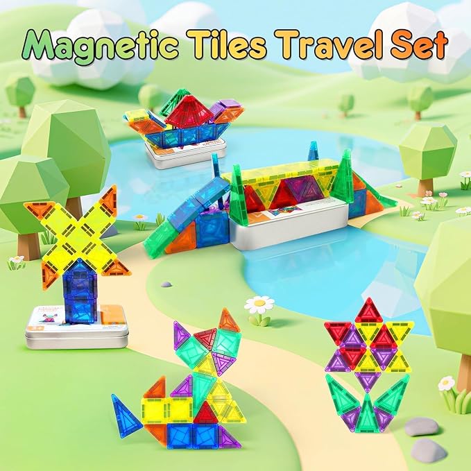 36PCS Mini Magnetic Tiles, Travel Toddler Toys Set, Magnetic Building Blocks, Portable STEM Kids Toys for 3-8 Years Old Boys Girls Birthday, Montessori Preschool Learning Sensory Toys