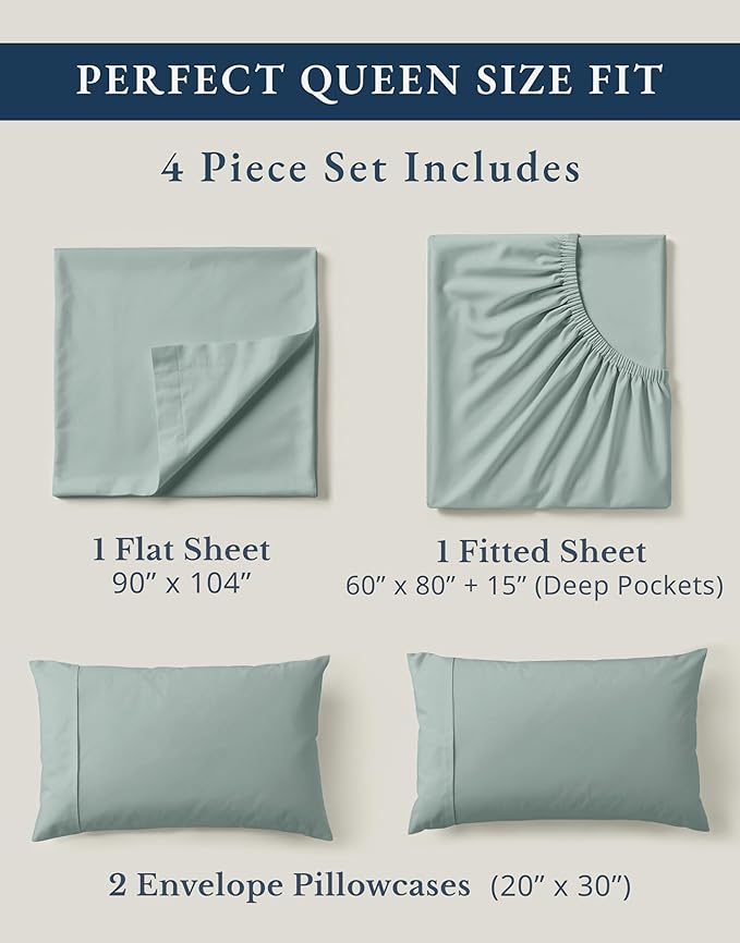 LANE LINEN Queen Bed Sheets 100% Organic Cotton 4pc Percale - French Blue | GOTS Certified Organic Cotton Percale Queen Sheet Set - Naturally Cooling & Lightweight, Cool All Summer, Cozy All Winter