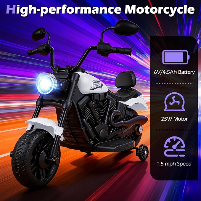 Costzon Kids Motorcycle, 6V Chopper Motorbike Ride on Toy with Headlight, Music, Training Wheels, Electric Toddler Motorcycle for Kids Boys Girls, Gift (White, 31" x 23" x 22"(L x W x H))