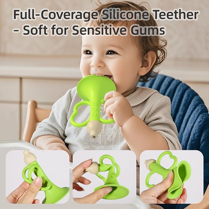 Baby Trumpet Toy 6-12 Months, Silicone Baby horn blowing toy with 2PCS yellow green for Teething Sensory play, Easy Grip Toddler whistle toys 0-6 Months Newborn Gift (Trumpet)
