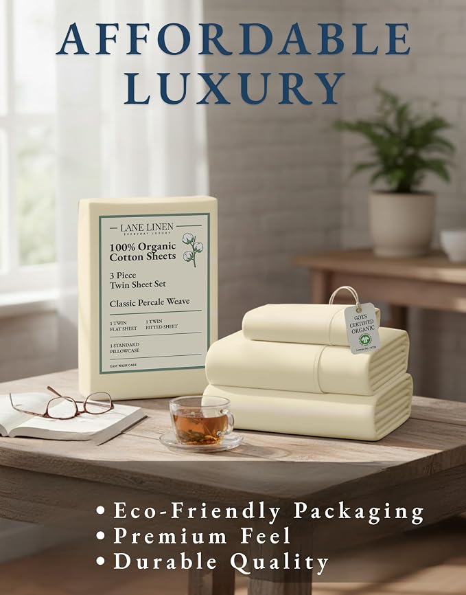 LANE LINEN Twin Sheets 100% Organic Cotton Soft 3pc Percale - Natural | Twin Sheets In Pure Long-Staple Organic Cotton - Honest-Price Organic Quality, Crisp, Cool & Breathable, For Hot Sleepers