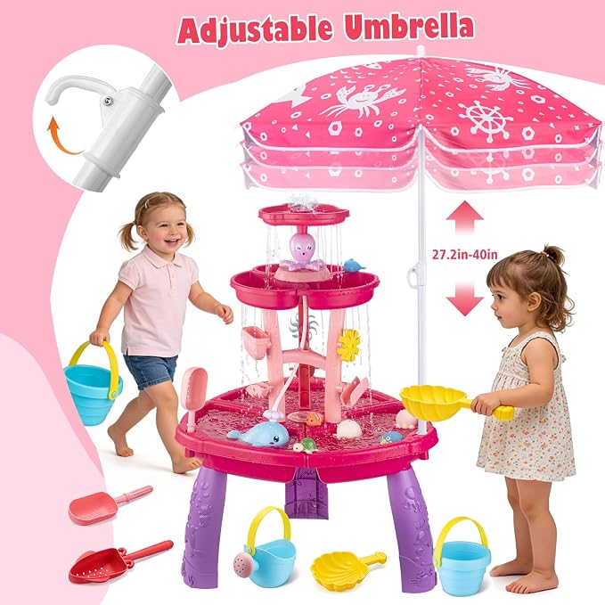 VROGTIK Water Table for Toddlers with Water Pump and Fishing Game Set 3-Tier Kids Sand Water Table with Umbrella Sensory Outdoor Toys for Kids Ages 3-8 Outside Toys Backyard Toddler Girl Toys