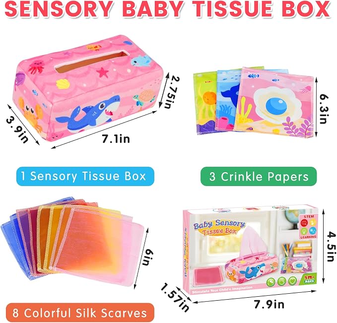 Baby Tissue Box Toy - Baby Girl Toys Montessori Toys for Babies 6-12 Months - Soft Stuffed High Contrast Crinkle Infant Sensory Toy 6 7 8 9 10 11 12 Months Old Gifts Pink
