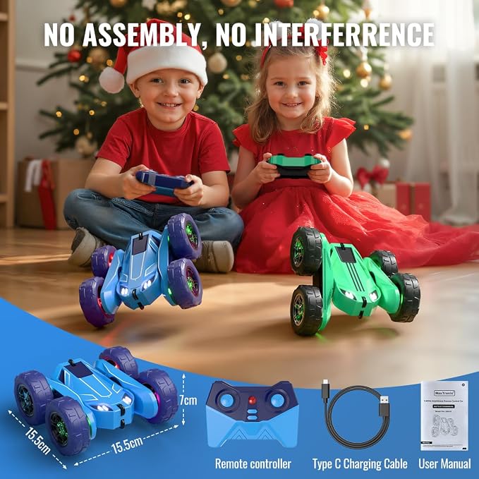 MaxTronic Fast Direct Charging Remote Control Car with LED，Exclusive Dual USB-C Charging for Car & Controller - 2.4Ghz 15km/h 360° Flips Rotations 4WD RC Stunt Car Fully Rechargeable for Kids 3-12
