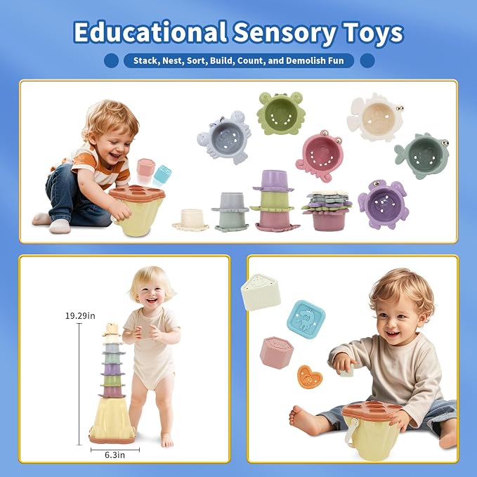 BYFWH Stacking Toy for Toddler 1-3, Baby Shape Sorter Nesting Cup for Infant 12-18 Month, 4 in 1 Monstessori Learning Toys for Sand & Bath, Birthday Gift for Girls Boys 1 2 3