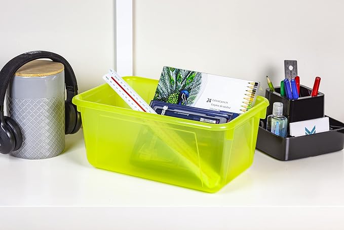 Storex Small Cubby Bins – Plastic Storage Containers for Classroom with Non-Snap Lid, 12.2 x 7.8 x 5.1 inches, Tint Yellow, 5-Pack (62482A05C)
