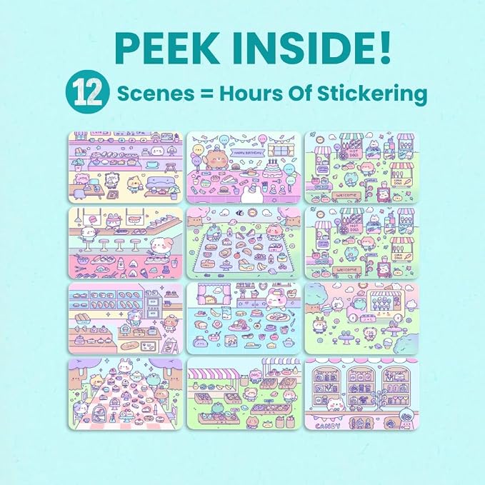 Cute Foods Around Town 500+ Sticker Book for Girls by Cupkin Toddler Airplane Activity Coloring + Sticker Book, Road Trip Essentials, 12 Coloring Pages + 12 Scenes for Ages 2–8 Years