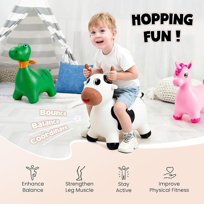 Bouncy Cow Hopper Horse for Toddlers, Bouncy Animals Hopping Toys Jumping Horse, Ride on Toys Indoor Outdoor Inflatable Birthday Gifts for Girls Boys 18 Months 2 3 4 5 6 Year Old