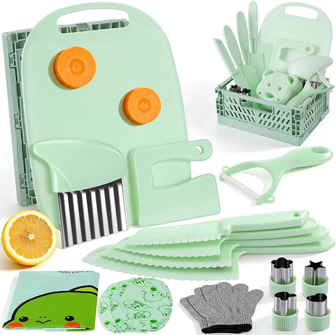 17 PCS Montessori Kitchen Toys for Toddlers, Safe Kids Knife Set for Real Cooking, Toddler Kitchen Utensils with Apron, Sleeves & Storage Basket, Educational Gift for Boys Girls Ages 2+