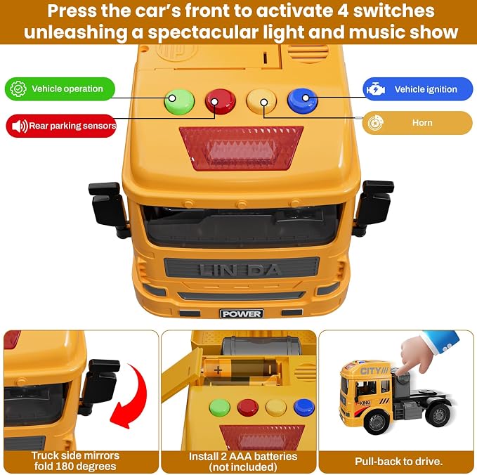 3-in-1 Excavator Bulldozer Engineering Semi-Truck Toy Set for Boy Gift Age 3 4 5 6 7 Large Transport Vehicle Road Trailer Truck Loader Kids Play Inertia Construction Toy Toddlers Digger Sound Light