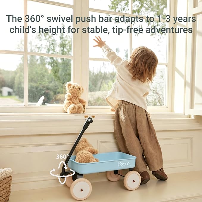 Kidpop Pula-Mini First Wagon for Toddlers, 4-Wheel Baby Pull Toy Cart for Kids Ages 1-3, Indoor & Outdoor Push Walker Toy, Ideal 1 Year Old Birthday Gifts (Blue)