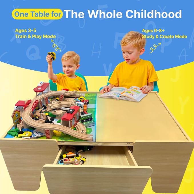 Wooden Train Set & Table for Toddlers, Reversible Activity Table with Storage Drawer, Compatible with Thomas, Birthday Gift for Kids Ages 3-7