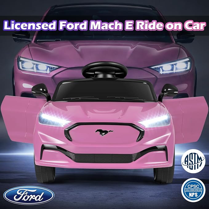 Costzon Ride on Car, 12V Licensed Ford Mach E Kids Electric Vehicle with Parent Control, LED Lights, Horn, Music, Wireless Connection & Spring Suspension, Kids Car Toy for Girls Boys (Pink)