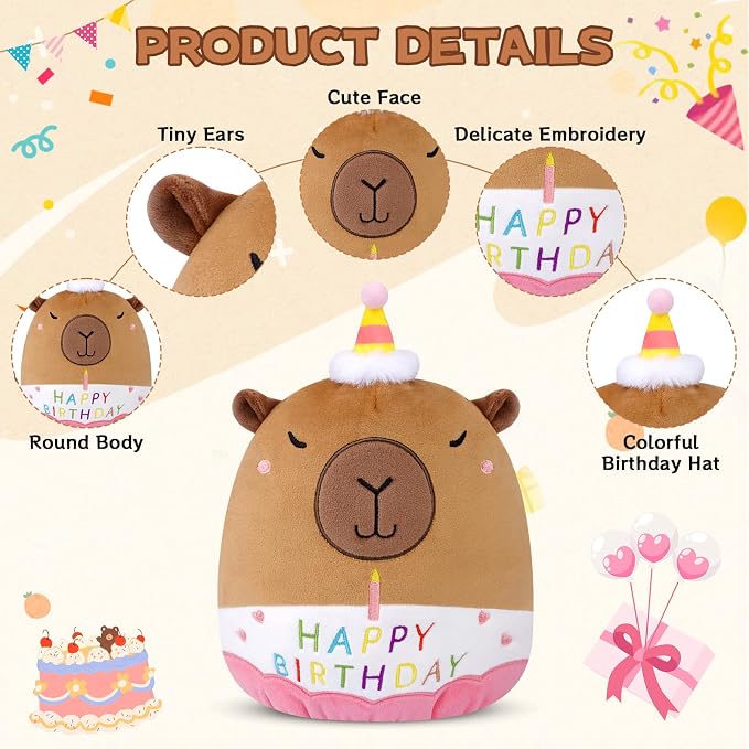 Capybara Plush - 8inch Birthday Stuffed Animal Capybara Plush Pillows Toys, Birthday Gifts Party Decoration for Kids Girls & Boys