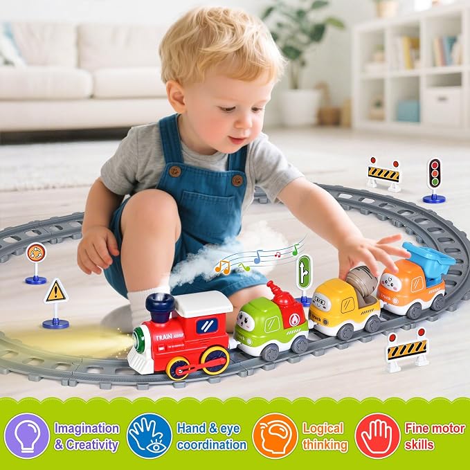 Train Set for Toddlers w/Steam, Sound & Lights, Toddler Toys for Age 2-4, Electric Train Set with Tracks Road Signs, Magnetic Train Toys Christmas Birthday Gifts for 2 3 4 5 Year Old Boys & Girls