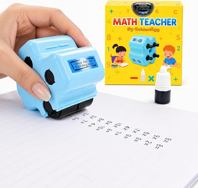 GoldenEgg Math Teacher 4-in-1 Math Roller Stamp, Addition, Subtraction, Multiplication & Fill-in-the-Blank Practice Tool for Kids, Classroom & Home Use (Blue)