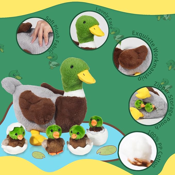 7 in 1 Mallard Duck Stuffed Animals Plush Toys, 12“ Zippered Mommy Stuffed Duck with 4 Baby Ducklings and Eggs Green Duck Plushies Pillow for Kids Birthday Christmas Farm Party Decor