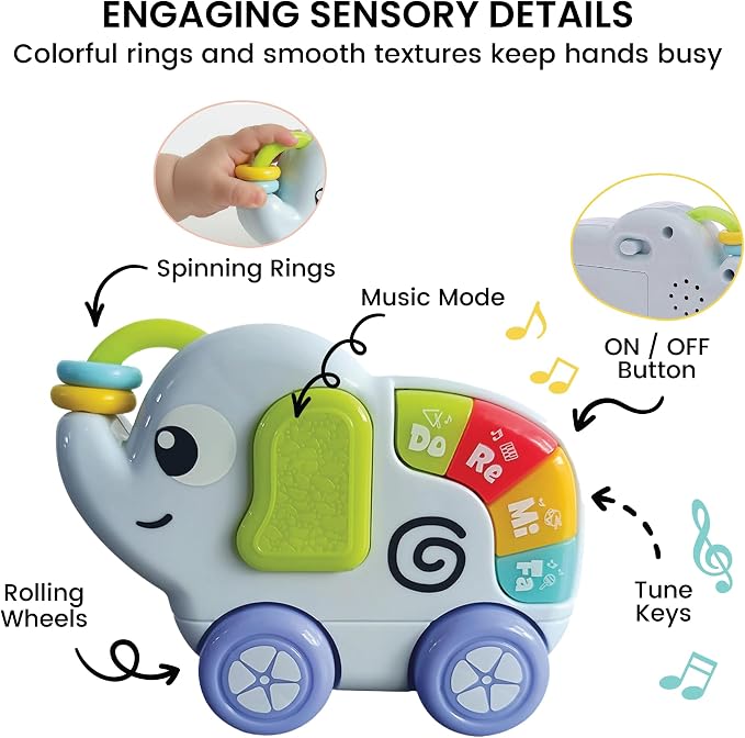 Lulyloo Elephant Rolling Music Piano interactive toddler toy with colorful tune keys, spinning beads, smooth wheels, fun melodies and volume control, lightweight for crawling, sitting and cruising fun