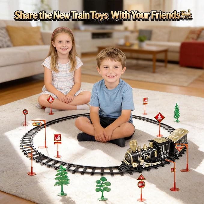 Electric Train Set, Ages 4-8 – Christmas Train with Locomotive, Passenger Car, 6 Curves, LED Light & Sound – Indoor Toy for Kids, for Holiday Village or Train Table