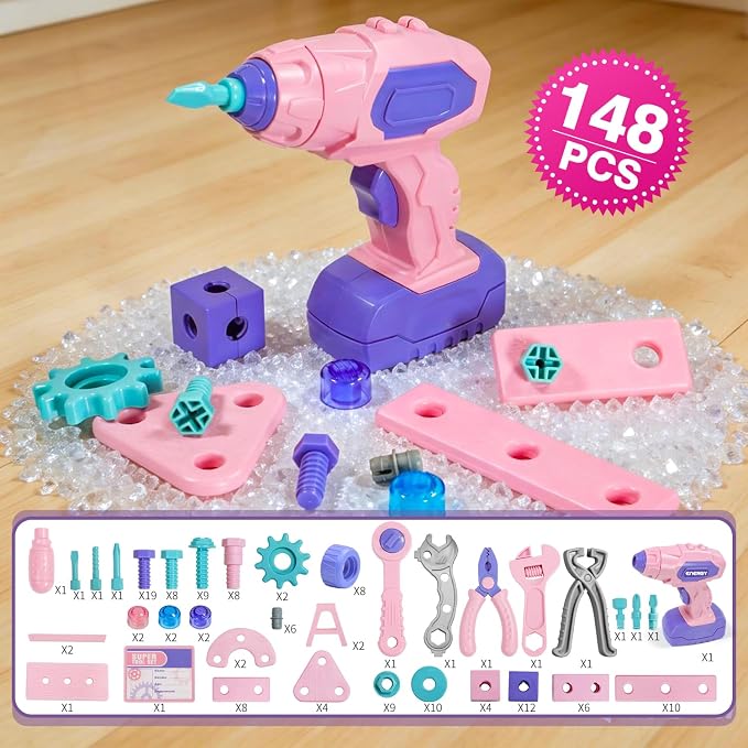 Design and Drill Toy - Toddler Tool Set with Drill & Toolbox, Create And Design Drill Kit Stem Toys for Kids Ages 3-6, Toddler Building Educational Construction Toy for 3-6 Year Old Girl (PINK)