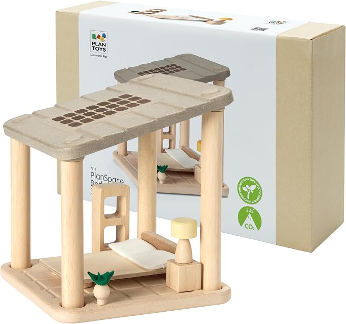 PlanToys® Wooden Dollhouse Bedroom Room Set | Modular Furniture with Bed, Lamp, Shelving & Decor | Stackable Open Ended Room for Dollhouse Expansion