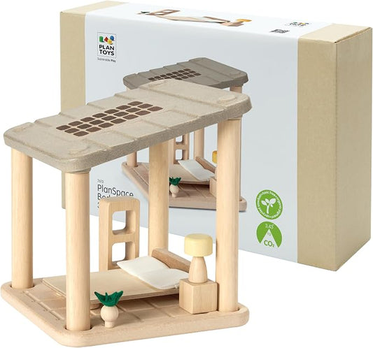 PlanToys® Wooden Dollhouse Bedroom Room Set | Modular Furniture with Bed, Lamp, Shelving & Decor | Stackable Open Ended Room for Dollhouse Expansion