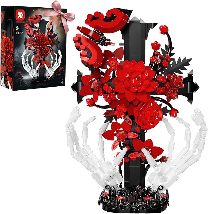 Gothic Decor Gothic Cross with Skull Hands Building Set – 8+ Halloween Decor, Bone Hands Holding Flower Cross & Butterfly, Home Office Shelf Accent, Valentine’s Day Gift for Adults(901PCS)