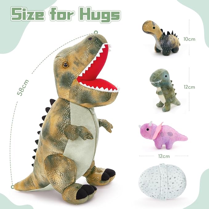 MorisMos Dinosaur Stuffed Animals Set,23.6'' Big Stuffed Dinosaur Mommy + 3 Baby Dino Toys+3 Plush Dino Eggs, Boy Girl T-Rex Toys for Kid Birthday Gift,Realistic T-rex, CPC Certified,Machine Washable