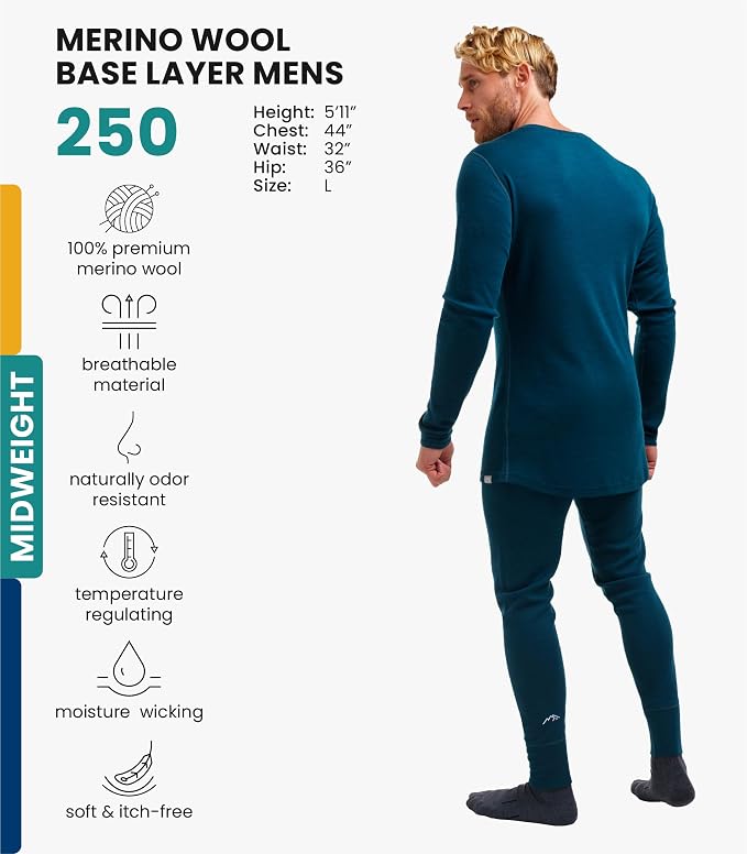 Merino.tech Merino Wool Base Layer Mens Set - Heavyweight, Midweight, Lite Merino Wool Thermal Underwear For Men Top, Bottom