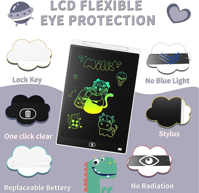 Genialba LCD Writing Board 8.5 Inches, Colourful Electronic Tablet, Portable Erasable Drawing Board, Graphic Tablet for Children's Games 3 4 5 6 7 Year Old Kid Boys Girls (White)