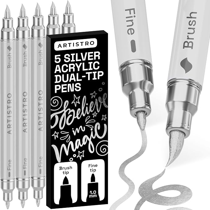 ARTISTRO 5 Silver Acrylic Paint Markers - Paint Pens for Drawing - For Fabric, Rock, Glass, Wood, Molds - Arts & Crafts Gift for Adults, Teens, Kids, Classroom Must Haves & School Supplies