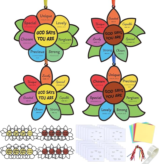 Fennoral 24 Pack Religious Sunflower Crafts for Kids Make Your Own God Says You are Sunflower Suncatchers DIY Christian Bible Verse Ornaments for Sunday School Classroom Activities Church Party Decor