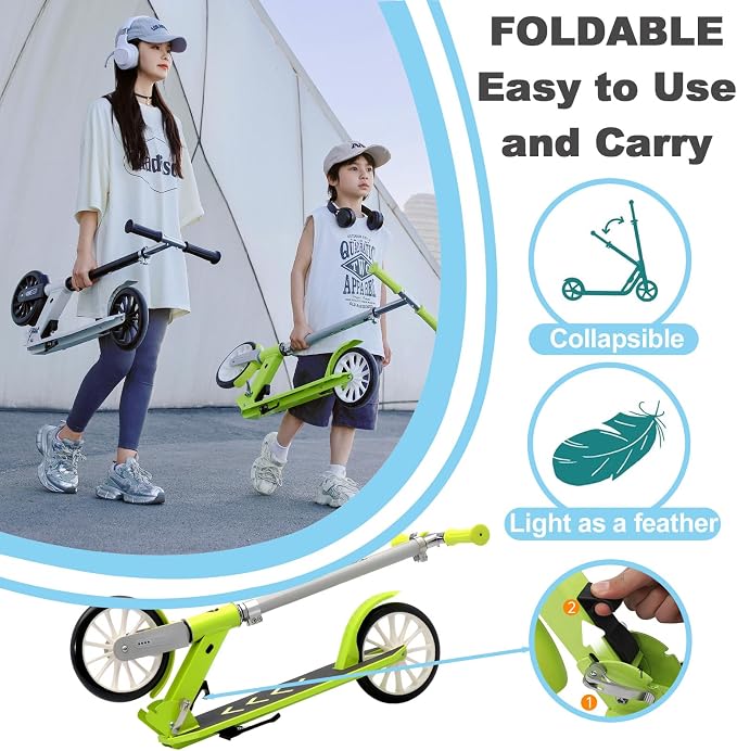Kick Scooter for Ages 6+,Kid, Teens & Adults, Foldable, Lightweight 8IN Big Wheel Scooters -Max Load 260 LBS, Height Adjustable, Bearing ABEC9