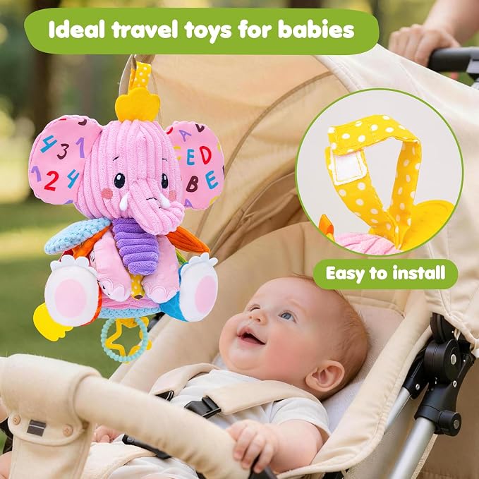 Baby Girl Toys 0-6 6-12 Months, Sensory Musical Toddler Toy for 3 4 5 6 7 8 9+ Months, Pink Elephant Plush Infant Toy with Teether, Crinkle, Rattle Baby Mirror for Tummy Time Newborn