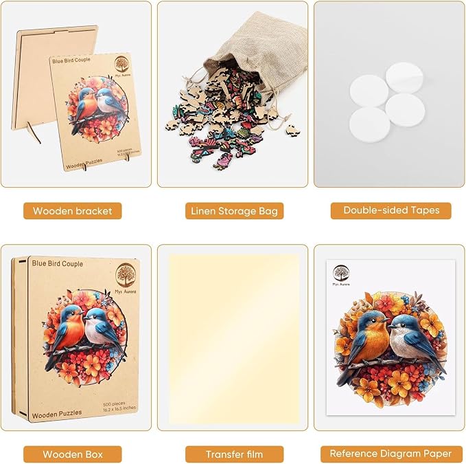 Mys Aurora Wooden Puzzles for Adults, Robin Bird Couple Jigsaw Puzzles 500 Pieces, 16.2 x 16.5 Inch, Royal, Unique Shaped Round Blue Birds Puzzles for Adults and Kids, Family Game