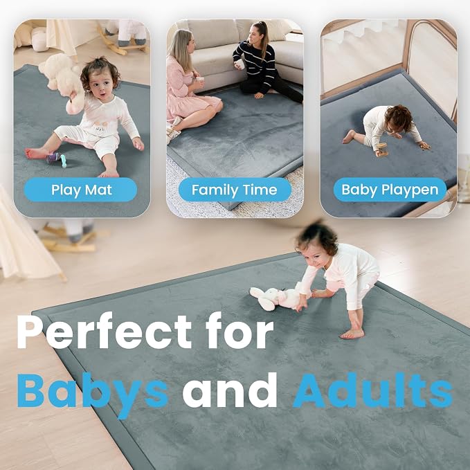 1.3" Thick Baby Floor Play Mat, 50x74 Padded Foam Tummy Time Crawling Mat, Non-Slip Water-Repellent Soft Plush Nursey Area Rug for Playroom Bedroom Living Room (Dark Gery)