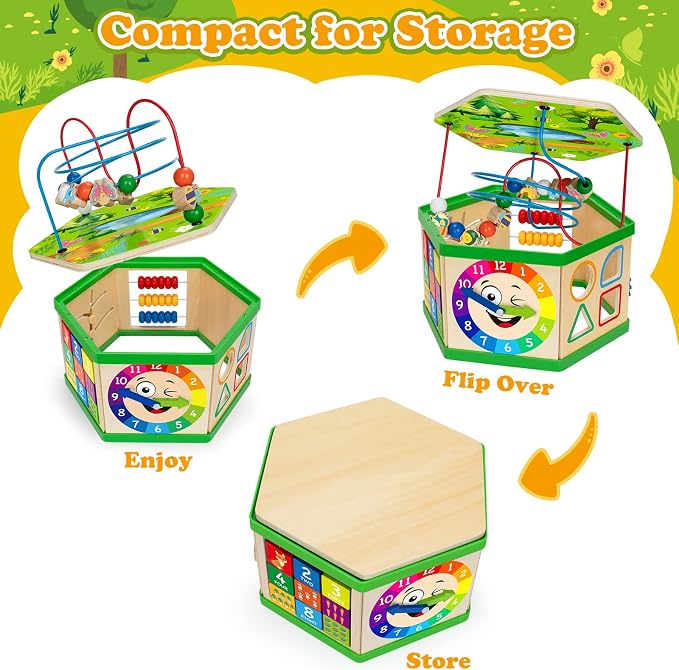 Wooden Activity Cube for 12-18 Month, 1 Year old Boys & Girls, 7-in-1 STEM Montessori Early Developmental Learning Toys for Kids Aged 1-2, Ideal 1st Birthday Gift Toys for Baby, Toddlers (Pink)