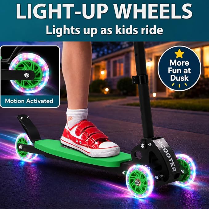 Kids Kick Scooter for 3-12,Lean-to-Steer 3 Wheel Scooter for Beginners with Light-Up Wheels,3 Adjustable Handlebar 27.5"–33",6-Inch Wide Deck,Rear Foot Brake,Foldable Scooter for Boys & Girls
