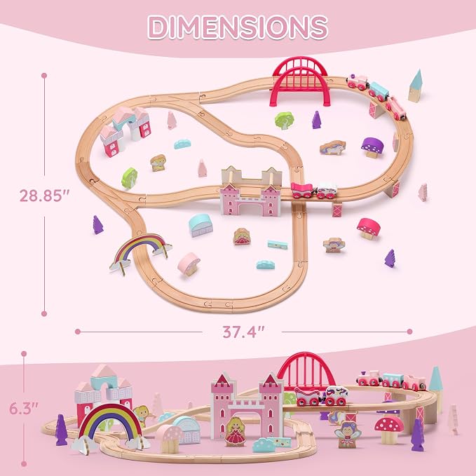 SainSmart Jr. Wooden Train Set 72 PCS Pink Train Set with Unicorn for Toddlers, Train Track Set Fit for Major Brands, Toddler Girl Toys with Castle - Ideal Train Toys Gift for 3 4 5 Year Old Girl