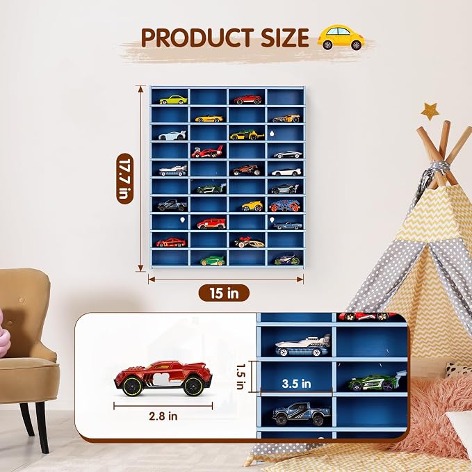 Krafetto Toy Car Display Shelf, Holds 40 Diecast 1/64 Toy Cars, Wall Mount Model Car Storage Organize Case, Blue