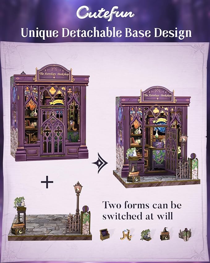 Cutefun Book Nook Kit - DIY Miniature Dollhouse Booknook Kit for Adults and Teens, 3D Wooden Puzzle Bookshelf Insert Decor with LED Light, Gifts for Book Lovers and Beginners (The Astrology Bookshop)