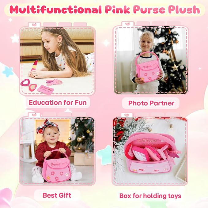 My First Pink Purse Plush, Baby Purse Set with 6 Pcs Makeup Plushies for Toddlers, First Birthday Gifts for Girls