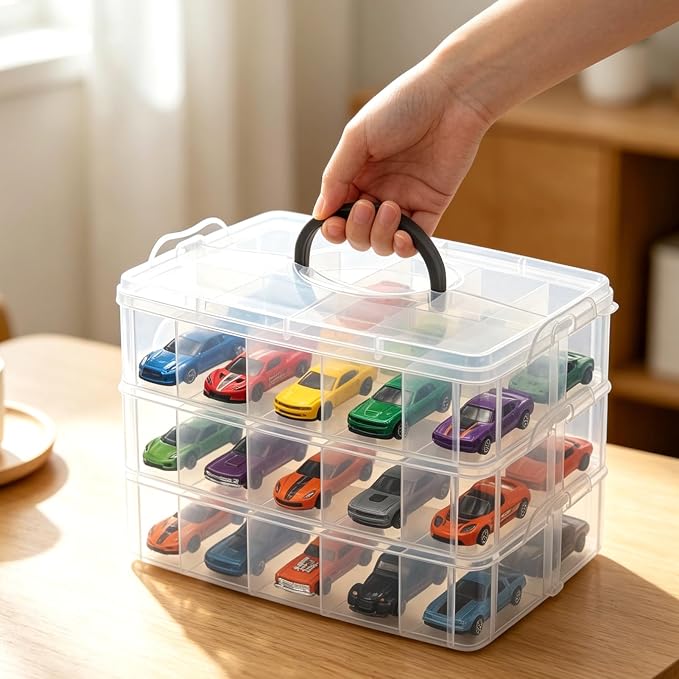 3-Tier 1/64 Scale Toy Car Storage Case with Carrying Handle Portable Transparent Storage Case Compatible with Matchbox Car Hot Wheels 30 Transparent Compartments Organizer for 30 Toy Cars