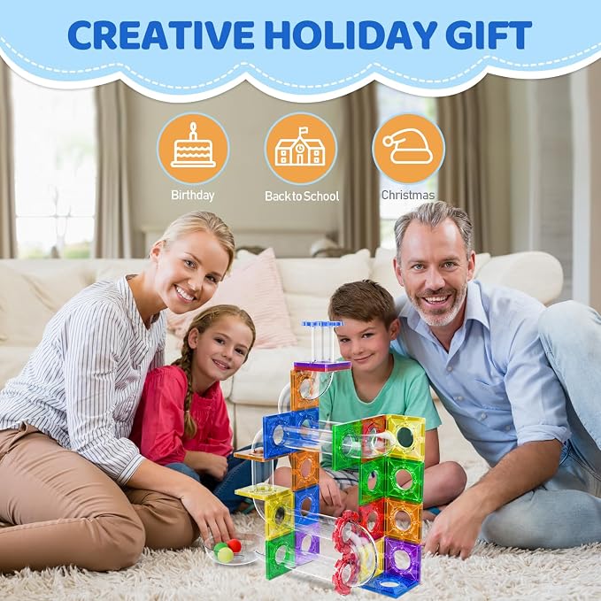 Magnetic Tiles, 72 PCS Magnetic Marble Run Building Blocks – STEM Toy for Kids Ages 3-8 | 3-in-1 Building Set with Tiles, Race Tracks & Marble Runs for Creative Learning & Imaginative Play