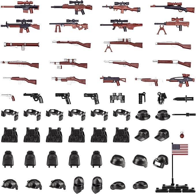 63 Pcs US Brown Toy Soldiers Figures,Toy Set, US Weapons Pack Military Army Battle, Toy Set Weapon Battle Building Blocks Compatible with Major Brand, 3 Years Old and up